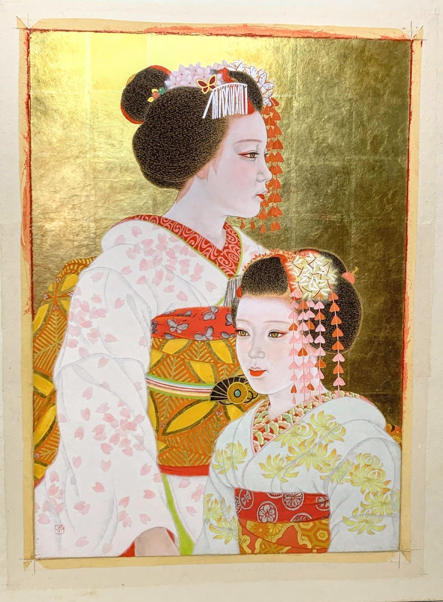 13310/अत्सुओ कोनिशी वसंत और शरद ऋतु माईको सह-सील, पीला कपड़ा, बॉक्स के साथ, फंसाया, बड़ा फ्रेम, सोने की मुहर, क्योटो जापानी पेंटर्स एसोसिएशन के सदस्य, चित्रकारी, जापानी पेंटिंग, व्यक्ति, बोधिसत्त्व