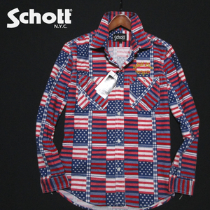新品 【Schott】 定価1.0万　長袖ネルシャツ　フラッグチェックプリント　サイズL　星条旗　フランネル　ショット　上野商会