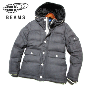 【ビームス】 ウールツイル　フーデッドダウンジャケット　サイズM　グレー　袖ポケット　ミリタリー　DOWN JACKET　BEAMS