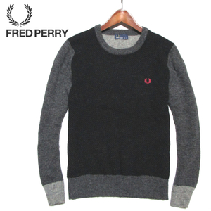 【フレッドペリー】 切替デザイン　ウールニット　グレー系　クレイジーデザイン　クルーネック　FRED PERRY　ヒットユニオン