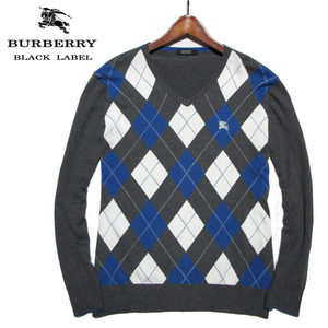 【バーバリーブラックレーベル】 アーガイル　コットンニット　ホースロゴ　サイズ3（L） BURBERRY BLACK LABEL 三陽商会