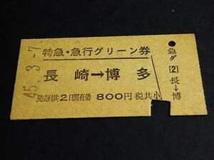 【特急・急行グリーン券(A型常備券)】　長崎→博多　S45.3.7