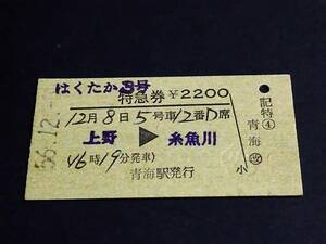 【特急券(A型)】　「はくたか３号」上野⇒糸魚川　S56.12.3　青海駅発行