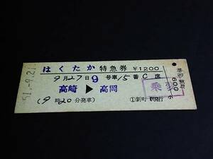 【特急券(D型)】　「はくたか」高崎⇒高岡　S51.9.21　新町駅発行