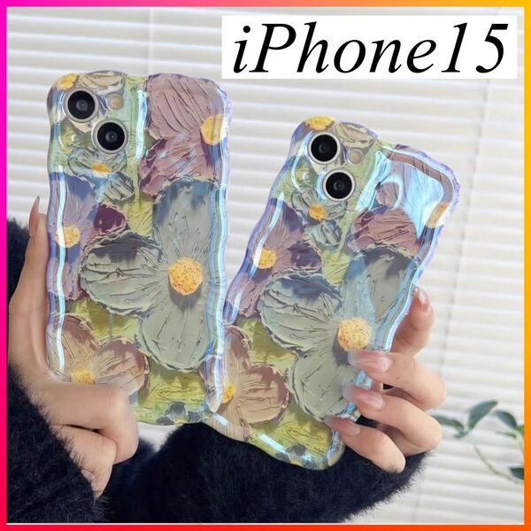 iPhone iPhone15 ケース 花柄 ブルー 油絵風 立体感 おしゃれ 韓国