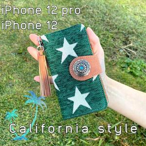 iPhone 12 Pro/12 ケース☆西海岸スタイル 星柄&コンチョ☆手帳型