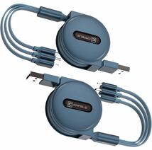 【2本セット】3in1 巻き取り 充電ケーブル3A急速充電最大15W 充電コード伸縮式 絡み防止 三種類端子対応 120cm 正規充電器対応ブルー青_画像1