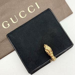 グッチ【希少】GUCCI 折り財布 GG キャンバス タイガーヘッド ゴールド金具 ブラック 黒 ロゴクリップ レザー 本革 男女兼用 ユニセックス