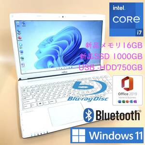 [最強i7+新品メモリ16GB+新品SSD1TB+HDD750GB] 富士通 AH53/M Core i7-4702MQ/Windows11/office2019 H&B/Blu-Ray/Webcam/USB3.0/Bluetooth