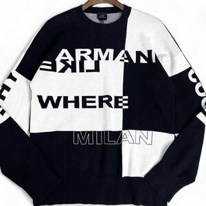 美品■がARMANI EXCHANGE アルマーニ エクスチェンジ L コットン ニット セーター バイカラー ブラック ホワイト 黒 白 総柄 ストレッチ