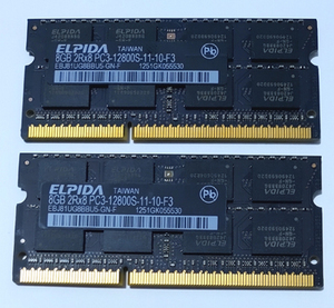 ELPIDA製 ノートPC用メモリ PC3-12800S 8GB x 2枚の計16GB(同一ロット品)