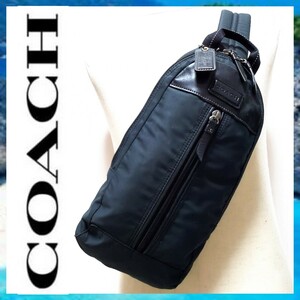 １円　美品　COACH　ボディーバッグ　ショルダーバッグ　本革×ナイロン　レザーブラック×グレー　肩掛け　斜め掛け　F70692　男女兼用