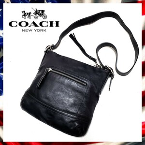 １円　希少　COACH　コーチ　オールレザー　ショルダーバッグ　本革　牛革　カウハイド　肩掛け　斜め掛けG052-1415　ブラック　男女兼用