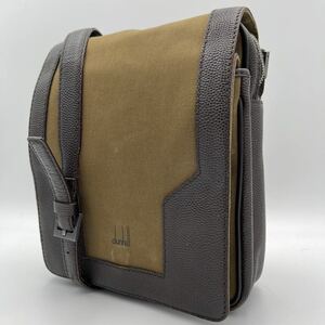 【美品 定価15万】 ダンヒル dunhill メンズ ビジネス ショルダーバッグ メッセンジャー エンボスレザー キャンバス ブラウン 斜め掛け