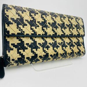 希少デザイン/美品 ボッテガヴェネタ BOTTEGA VENETA 長財布 千鳥格子 イントレチャート フラップ開閉 レザー 本革 イエロー ブラック