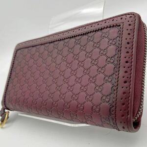 【希少モデル 極美品】 GUCCI グッチ 長財布 ラウンドファスナー ジップ マイクロシマ チャーム ワインレッド メンズ レディース 小銭入れ