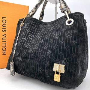 1円【美品】LOUIS VUITTON ルイヴィトン ウィスパー モノグラム トートバッグ ハンドバッグ スウェード レザー パイソン ブラック 黒