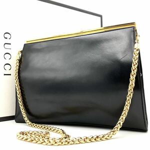 1円【美品】GUCCI グッチ ショルダーバッグ ポシェット ミニポーチ がま口 レザー チェーン ブラック 黒