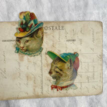 フランス 19世紀後期 猫 2枚 ねこ クロモス カード イラスト ポスト 切手 コラージュ ノベルティ ヴィンテージ 骨董 アンティーク_画像1
