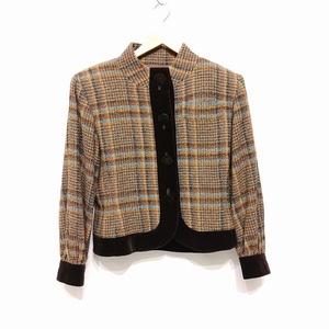 ∀ YVES SAINT LAURENT イヴサンローラン ノーカラー ジャケット 異素材 切り替え ベロア ビッグボタン シルク混 OLD 古着 VINTAGE 90s