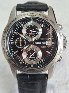 【SEIKO 】ANA WORLD TIME クォーツ 5T82-0AH0 クロノグラフ デイト 腕時計 文字盤黒 セイコー 不動