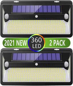 【360LED　2個】　センサーライト ソーラーセンサーライト 320°照明 3000mAh内蔵電池 人感センサー省エネ 防水 防犯ライト