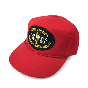 デッドストック USA製 80s 90s ビンテージ ワッペン ワーク キャップ レザーストラップ トラッカー キャップ 企業物 刺繍 赤 黒 帽子 古着