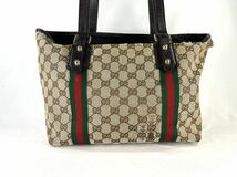 ★GUCCI グッチ キャンバス シェリーライン トートバッグ ショルダーバッグ GG柄 チャーム レザー ブラウン ベージュ E207_画像2