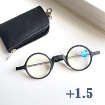 ～～送料無料～～老眼鏡 +1.5 折りたたみ 軽量 コンパクト 丸眼鏡 ラウンド 黒縁 黒 ブルーライトカット