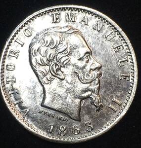 激レア★珍品 顔が裏写り！ イタリア 1863年 ヴィットリオ エマヌエーレ２世 20センテシミ 銀貨 未使用 本物保証 