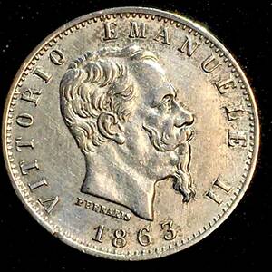 イタリア 1863年 20センテシミ 銀貨 極美品-未使用に近い ヴィットリオ・エマヌエーレ2世 