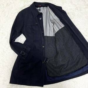 1円【脅威の2XL】ポールスミス Paul Smith ステンカラーコート トレンチコート マルチストライプ ライナー付 ベルト付 紺 ネイビー XXL 3L