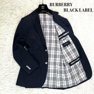 美品●BURBERRY BLACK LABEL バーバリーブラックレーベル ウール 銀ボタン テーラード ジャケット ノバチェック ストライプ メンズ 黒 S