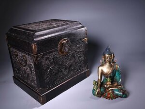 ◆羽彰・古美術◆A3134清時代 仏教古美術 チベット密教 銅製象嵌宝石彩絵描金藥師仏 仏像 木箱付