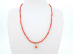 珊瑚 丸玉 ネックレス 約6.9g 約38㎝ K18 コーラル アクセサリー 装飾品 necklace jewelry