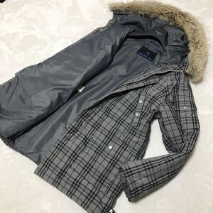 圧巻のノバチェック BURBERRY BLUE LABEL バーバリーブルーレーベル ダウンジャケット ナイロンジャケット ファー 付き 2way L グレー