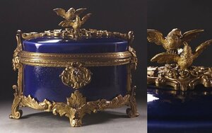 ∇花∇19世紀末～20世紀初頭フランス アールヌーヴォー様式の真鍮飾り瑠璃地蓋物 エレガントな宝石箱