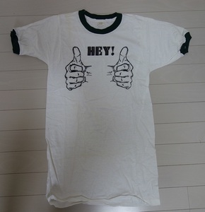 ★米国製デッドストック　プリントTシャツ　S　７０S　HEY!　緑リンガー