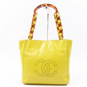 68257★1円スタート★CHANEL シャネル 美品 ココマーク プラチェーン べっ甲柄 ヴィンテージ ハンドバッグ ラムスキン イエロー