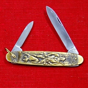 S-1Vintage pocket Pen Knife.老ハンター・犬の絵柄。刻印”ROSTFREI・蝦夷鹿革poach進呈の画像1