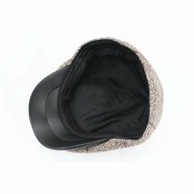 ハンチング帽子 ウール混 杢柄 PU革デザイン キャップ 帽子 57㎝ メンズ レディース BN系 秋冬 HJ55-2_画像6