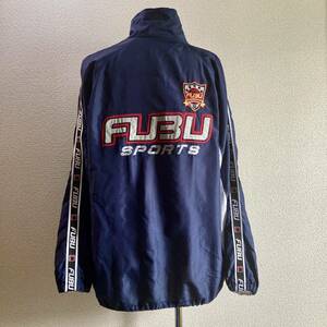 FUBU SPORTS フブ ナイロンジャケット L ネイビー系 ビッグロゴ サイドライン 90s hip-hopトラックジャケット 刺繍ロゴ 裏地メッシュ 古着