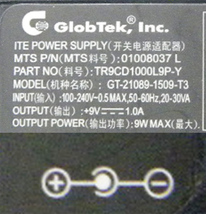 Globtek GT-21089-1509-T3 ＋9V1.0A ■1581-07_画像2