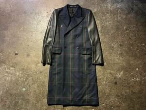 Paul Smith 18AW 袖レザー切替 チェスターコート ダブルブレスト ブラックウォッチ Dreamerプリント 283108 356SL ポールスミス