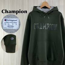 【希少カラー】Champion チャンピオン プリント ビッグロゴ 迷彩 袖ロゴ 裏起毛 プルオーバー パーカー アジア表記XL カーキ アメカジ 古着_画像1