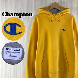 【人気カラー】Champion チャンピオン 刺繍ロゴ 袖ロゴ 裏起毛 プルオーバー スウェットパーカー ASIA表記XL イエロー 黄色 アメカジ 古着