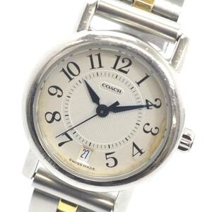Y 1円スタート COACH コーチ 腕時計 W023 シルバーカラー ラウンドフェイス デイト ホワイト文字盤 SS クォーツ 社外ベルト 稼働品 