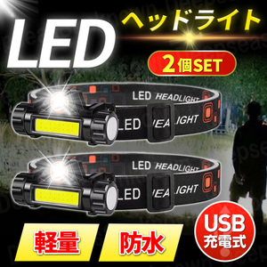 LED ヘッドライト 充電式 スポットライト 小型 懐中電灯 usb cob 防水 ワークライト 登山 キャンプ 夜釣り 夜間 作業 マグネット 軽量 ２個