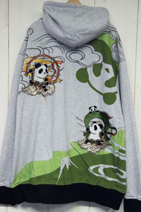 PANDIESTA JAPAN 熊猫 風神雷神 刺繍 パンダ ジップアップ スウェットパーカー / グレー 大きいサイズ 和柄 パンディエスタ