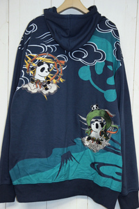 PANDIESTA JAPAN 熊猫 風神雷神 刺繍 パンダ ジップアップ スウェットパーカー / ネイビー 大きいサイズ 和柄 パンディエスタ